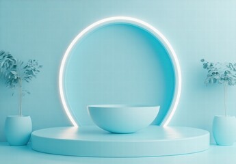 A blue room with a large circular wall and a white bowl in the center