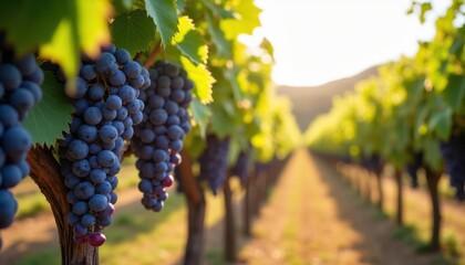 Fototapeta premium Ripe Red Grapes Hanging on Vine in Sunny Vineyard at Sunset