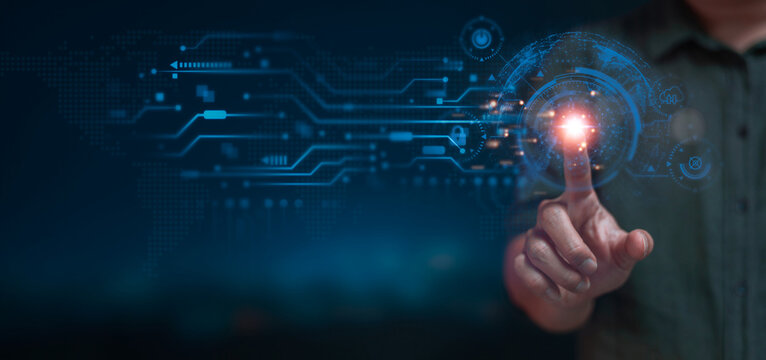 A person interacts with a futuristic digital touchscreen, featuring a glowing interface with circuit patterns, cybersecurity icons, and data flow.