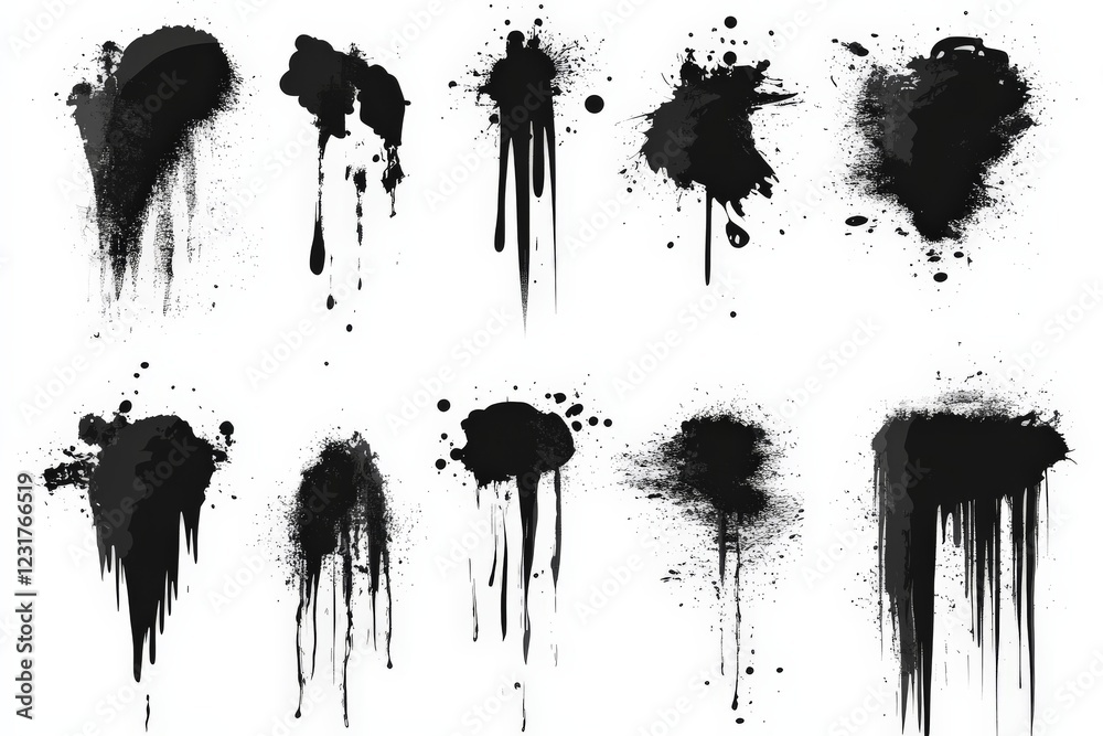 Poster Black paint splatters and drips on a white background for artistic creativity and design projects