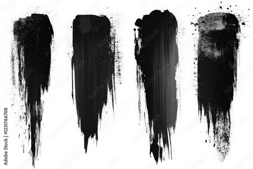 Poster Various black paint strokes showing different textures and techniques on a white background in an artistic composition