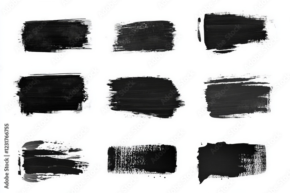 Poster Different styles of black paint strokes on a white background for creative design and art applications