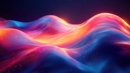Holographic fluid wave in 3D, with iridescent neon colors flowing dynamically against a dark background, ideal for use in digital designs