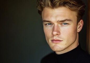 Fototapeta premium A man with a beard and blue eyes is standing in front of a dark background