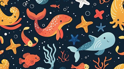 Obraz premium navy ocean sea creatures deep sea animal scene