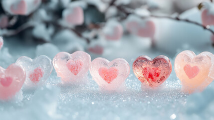 Fototapeta premium Frozen hearts in the snow. A delicate and romantic winter scene.