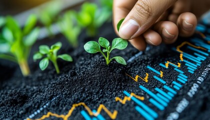 Sustainable Investment Hand Planting Sprout on Soil With Stock Market Graph Symbolizing Growth