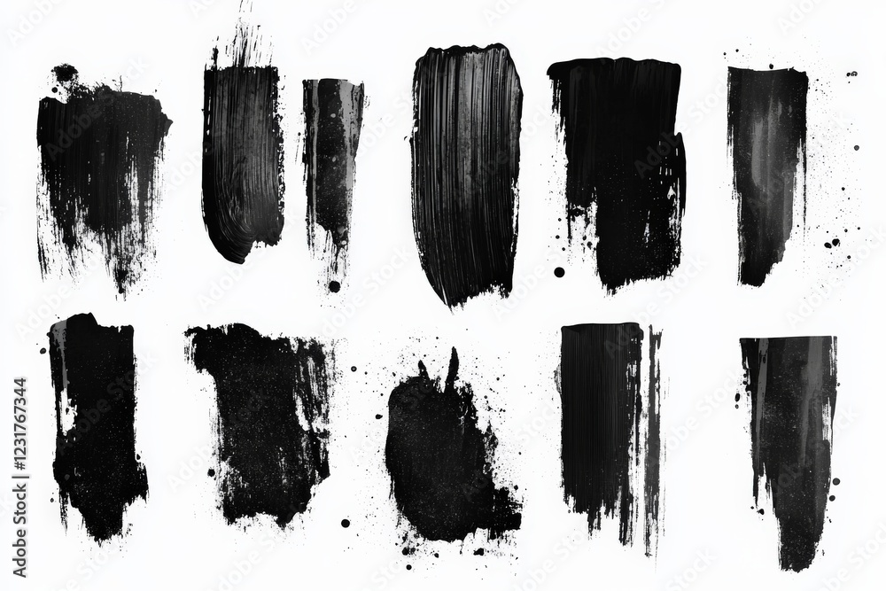 Poster various brush strokes in black paint on a white background showcasing artistic textures and techniqu