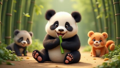 Obraz premium Adorable Panda Cub Eating Bamboo with Friends in Bamboo Forest