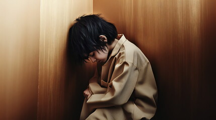 Obraz premium Child sitting in a corner looking contemplative in a softly lit, minimalist interior