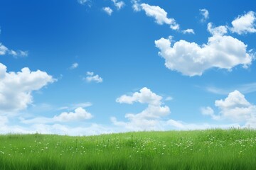 Obraz premium Idyllic landscape showing a green meadow with white flowers under a blue sky with clouds
