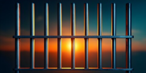 A set of vertical prison bars with a sunset or sunrise illuminating the background, creating a dramatic contrast. Concept Prison Bars, Dramatic Contrast, Sunset/Sunrise Lighting