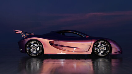 Roter Sortwagen auf spiegelndem Grund im violetten Dämmerlicht