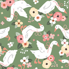 Seamless vector pattern with white goose on floral background. Hand drawn cute Easter goose pattern. Perfect for textile, wallpaper or nursery print design.