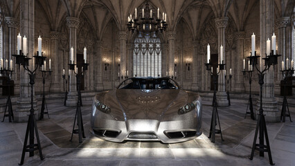 Silberner Sportwagen in einer Kathedrale