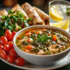 Traditional Ramadan Iftar Meal Featuring Steaming Chicken Soup and Stuffed Grape Leaves 