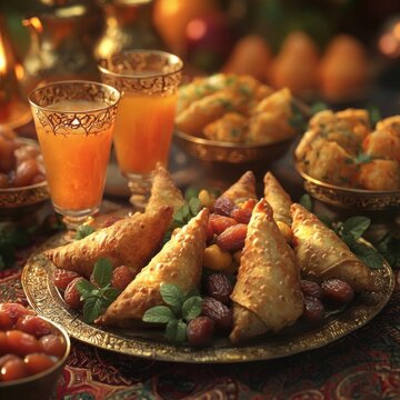 Traditional Ramadan Iftar Meal with Dates, Tamarind Juice, and Samosas