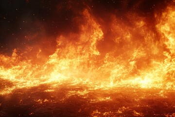 Fototapeta premium Flames engulf the landscape during a fierce wildfire at dusk creating a dramatic, intense atmosphere