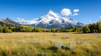 Fototapeta premium Autumnal meadow, Grand Teton peak, Wyoming, USA. Scenic landscape for travel brochures