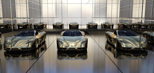 Goldfarbener Sportwagen vor Spiegelw&auml;nden