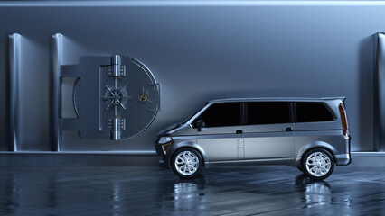 Ein Werttransporter vor einer Stahlwand mit einer schweren Tresort&uuml;r