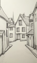 Naklejka premium Pencil Sketch of a Quaint European Village Street Scene