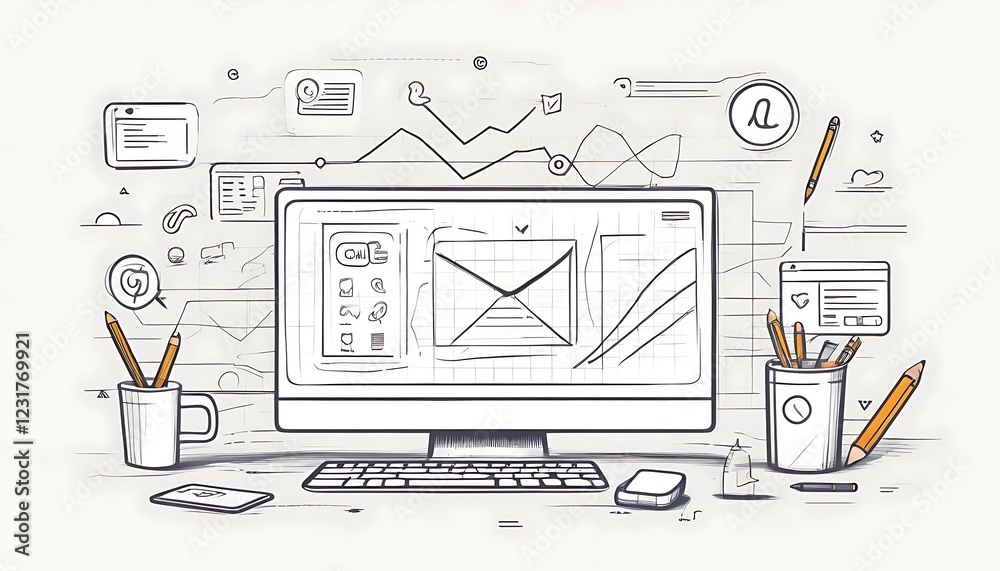 Poster sketch of a desktop computer with email design and marketing data
