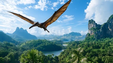 Majestic Pterosaur Soaring Above Lush Green Landscape with Mountains and Water in the Background