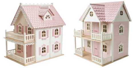 charming dollhouse with pink accents, perfect for imaginative play. This miniature home features multiple rooms and balconies, inviting creativity