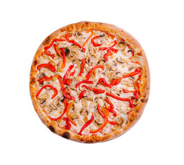 Delicious pizza topped with red peppers and mushrooms, perfect for sharing at a gathering or party event