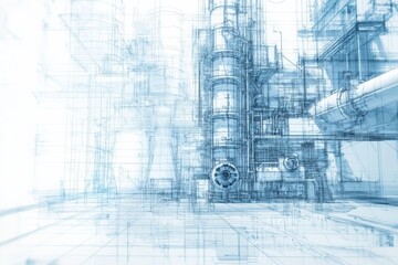 Conceptual industrial design featuring complex machinery and structural elements in a modern manufacturing facility