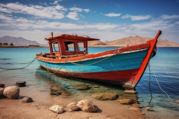 Traditional wooden fishing boat resting on a tranquil beach in the red sea, egypt, showcasing vibrant colors against a clear blue sky