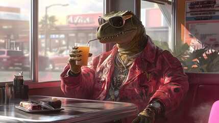 Stylish anthropomorphic reptile creature enjoying a refreshing drink in a vibrant retro diner setting