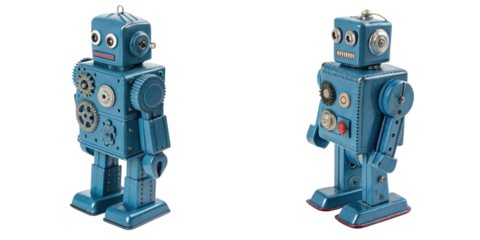 Retro mechanical wind up robot toy with gears and buttons, showcasing nostalgic design