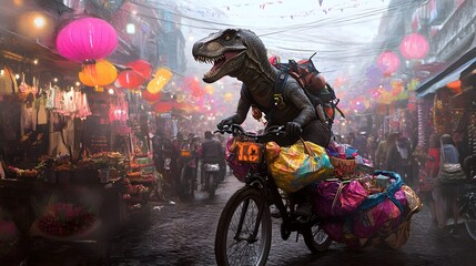 Dinosaur Riding Bicycle in Colorful Market Street Surrounded by Lanterns and Shopping Stalls