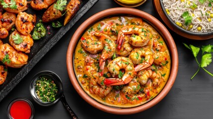 Indian dishes curry street food concept. A vibrant dish of shrimp in a flavorful sauce, accompanied by grilled seafood and rice, garnished with fresh herbs.