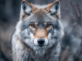 Obraz premium Majestic Wolf Portrait with Detailed Fur and Piercing Gaze Captured in the Wilderness