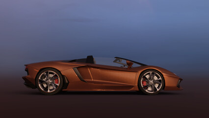 Goldfarbenerr Sortwagen auf spiegelndem Grund im violetten D&auml;mmerlicht