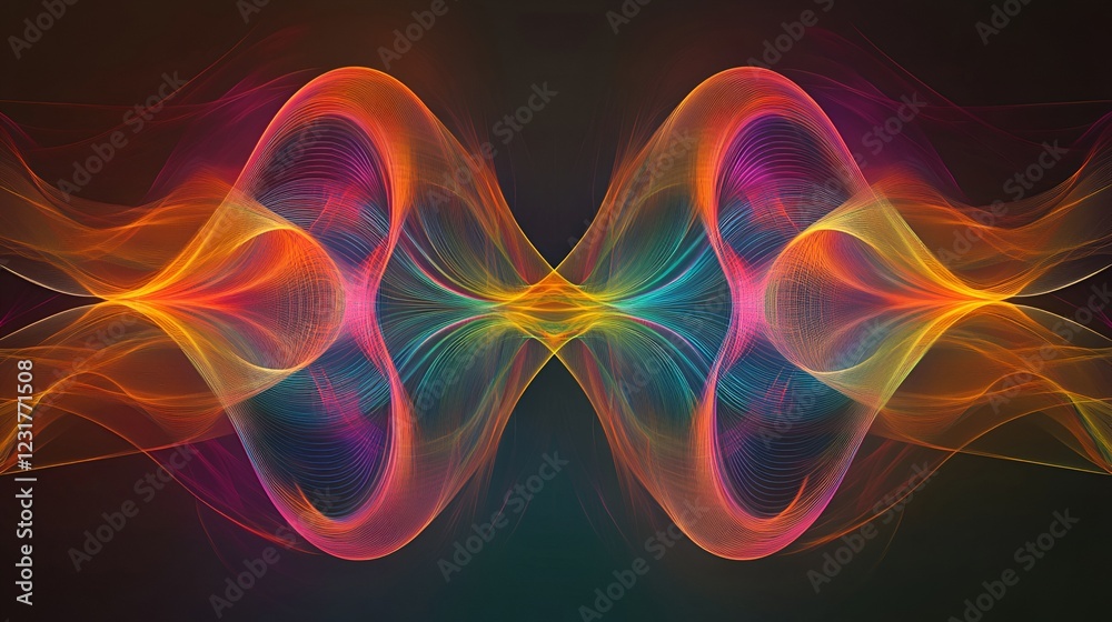 Sticker abstract flowing lines forming colorful symmetrical waves on a dark gradient background