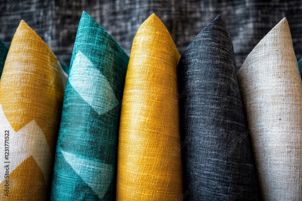 Aufkleber Decorative cushions arranged in a colorful display showcasing various textures and patterns in a modern setting