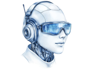 Futuristic robot immersed in music and computing, a glimpse into the world of artificial intelligence