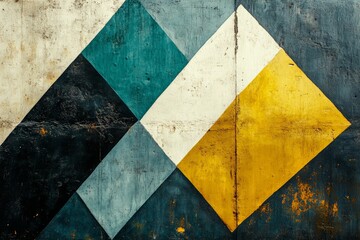 Colorful abstract geometric shapes on a weathered wall in an urban setting