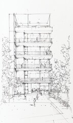 Obraz premium Architectural Sketch Of A Multistory Building With Balconies And Trees