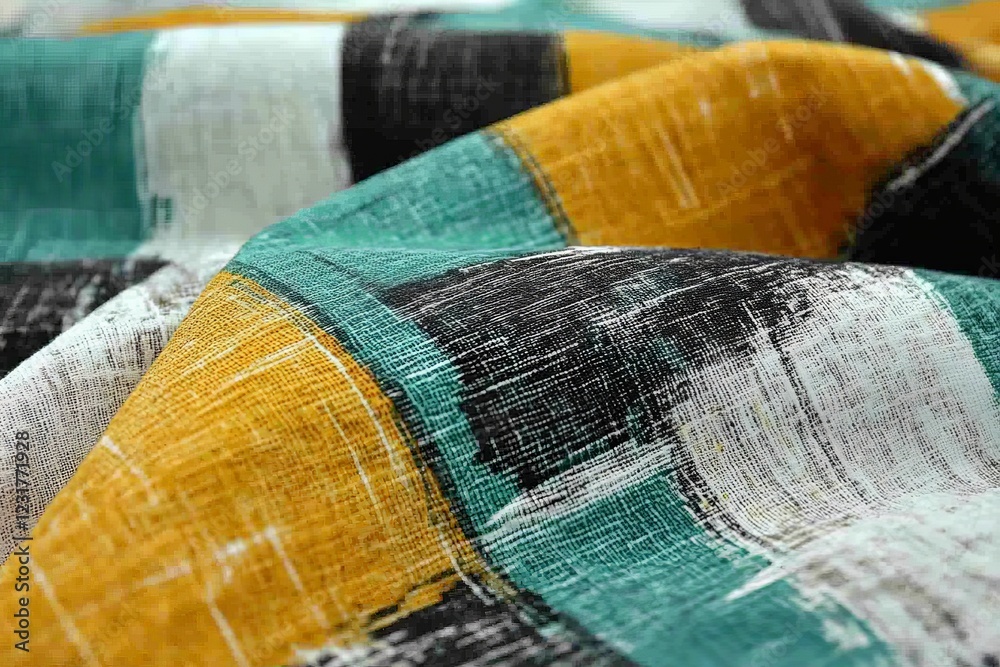 Poster Textured fabric with bold colors and patterns displayed in a close-up view under natural light