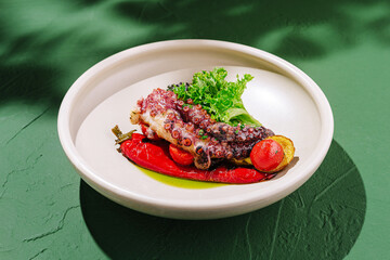 Grilled octopus served with fresh greens and roasted peppers in a contemporary restaurant