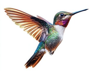 Fototapeta premium Hummingbird feeding in a flower garden nature photography vibrant colors close-up perspective