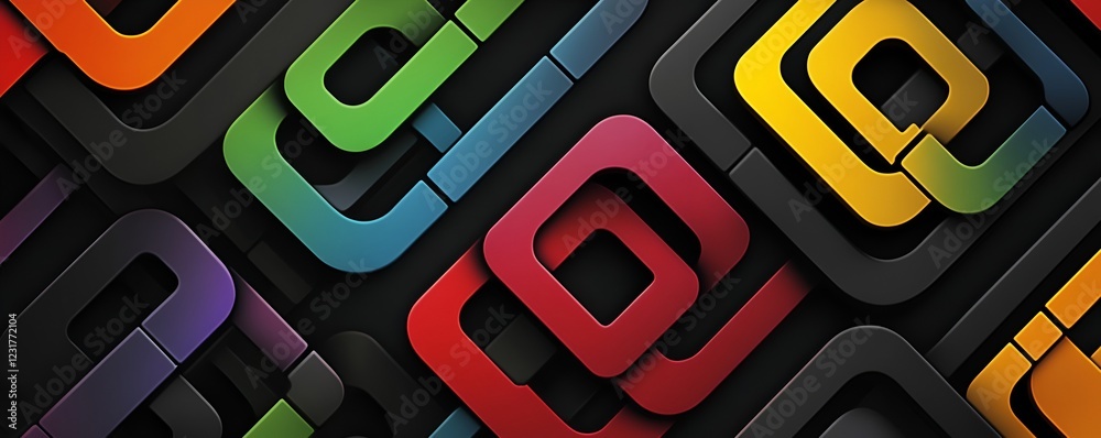 Wall mural abstract geometric pattern with colorful interlocking shapes on a sleek black background