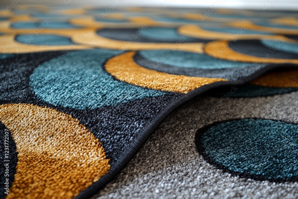 Poster Colorful geometric rug placed on a modern floor with abstract patterns and textures showcasing vibrant hues