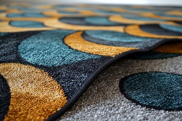 Colorful geometric rug placed on a modern floor with abstract patterns and textures showcasing vibrant hues