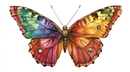 Fototapeta premium A watercolor butterfly with bold rainbow shades intricately designed on its wings, isolated on a minimalist white background.